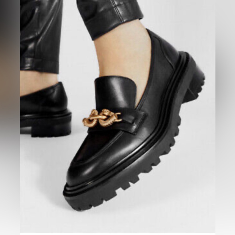 Tory Burch Black Leather Loafers with Gold Chain Accent - Picture 3 of 11